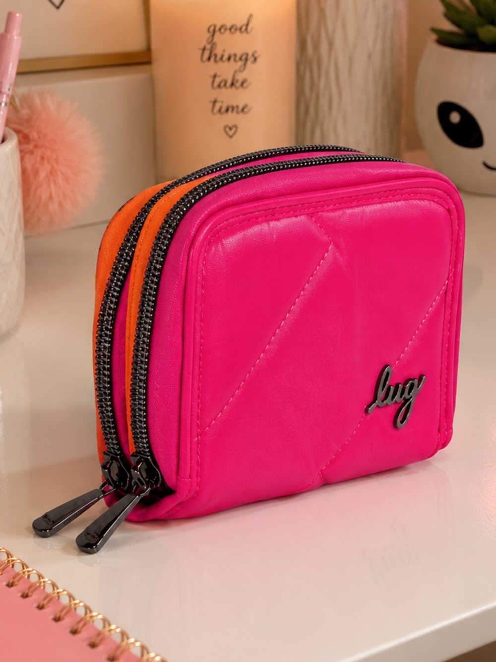 LUG Nylon quilted Double-Zip Cosmetic Pouch in Hot Pink with Orange Trim